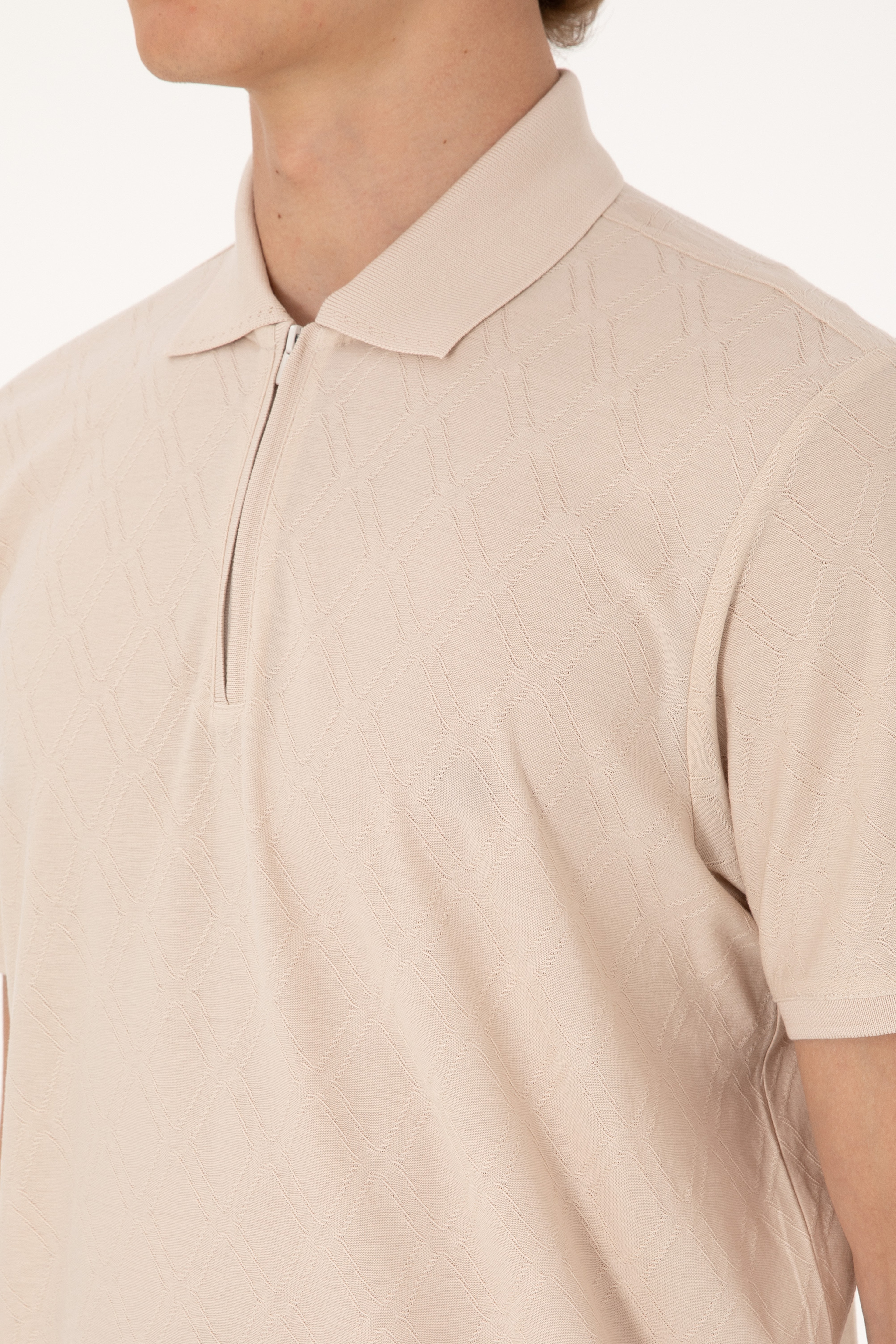Erkek Regular Fit Fermuarlı Taş Desenli Tişört - Image 7