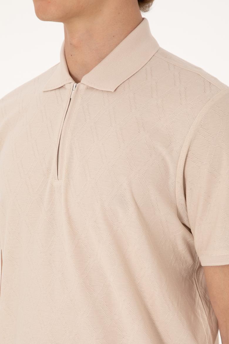 Erkek Regular Fit Fermuarlı Taş Desenli Tişört - 50300832017