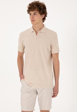 Erkek Regular Fit Fermuarlı Taş Desenli Tişört - 50300832017