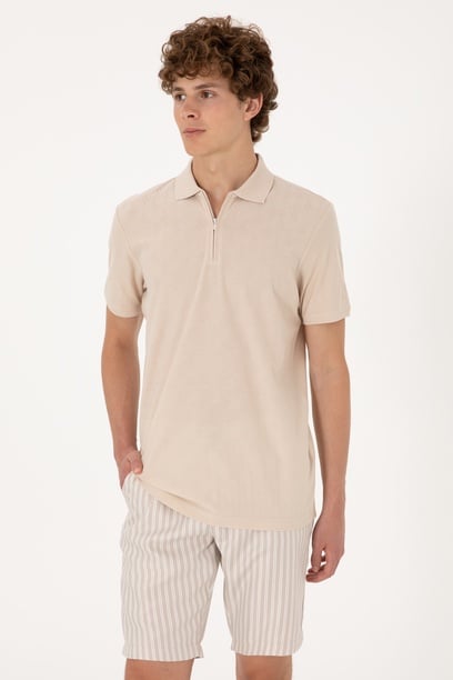 Erkek Regular Fit Fermuarlı Taş Desenli Tişört