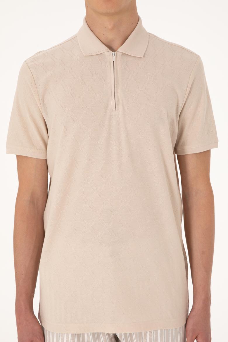 Erkek Regular Fit Fermuarlı Taş Desenli Tişört - 50300832017