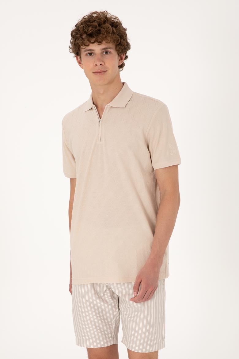 Erkek Regular Fit Fermuarlı Taş Desenli Tişört - 50300832017