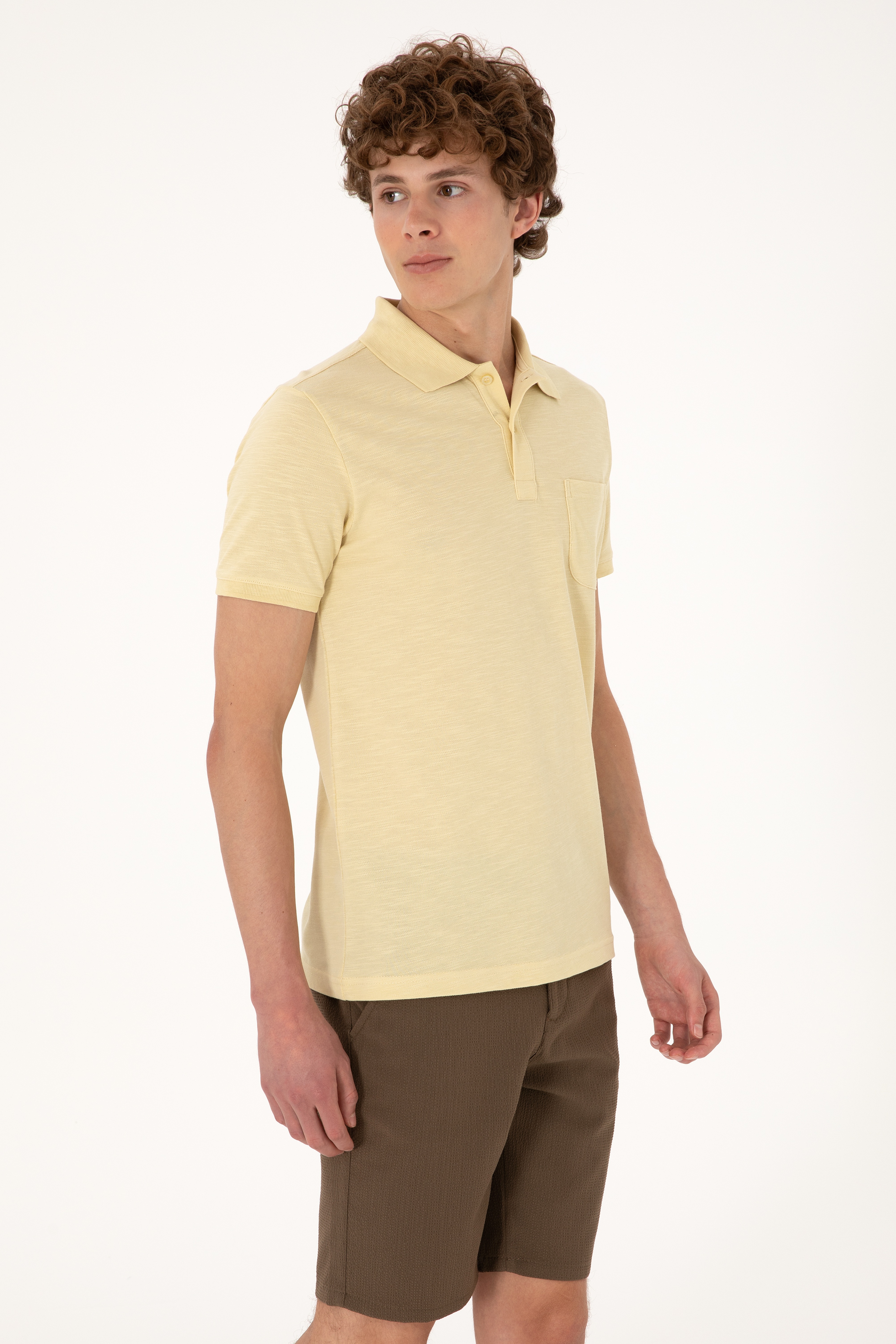 Erkek Slim Fit Dökümlü Polo Yaka Açık Sarı Tişört - Image 3