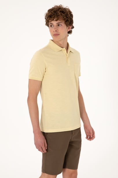 Erkek Slim Fit Dökümlü Polo Yaka Açık Sarı Tişört