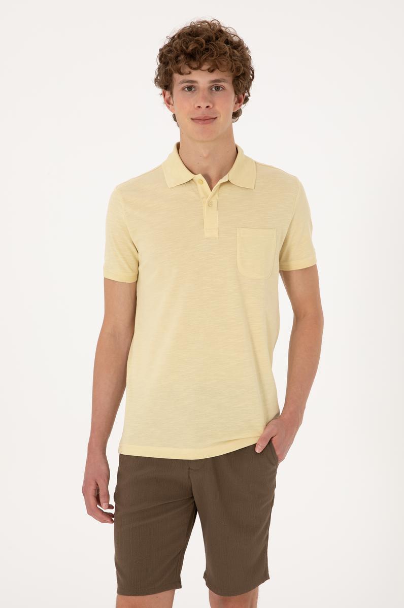 Erkek Slim Fit Dökümlü Polo Yaka Açık Sarı Tişört