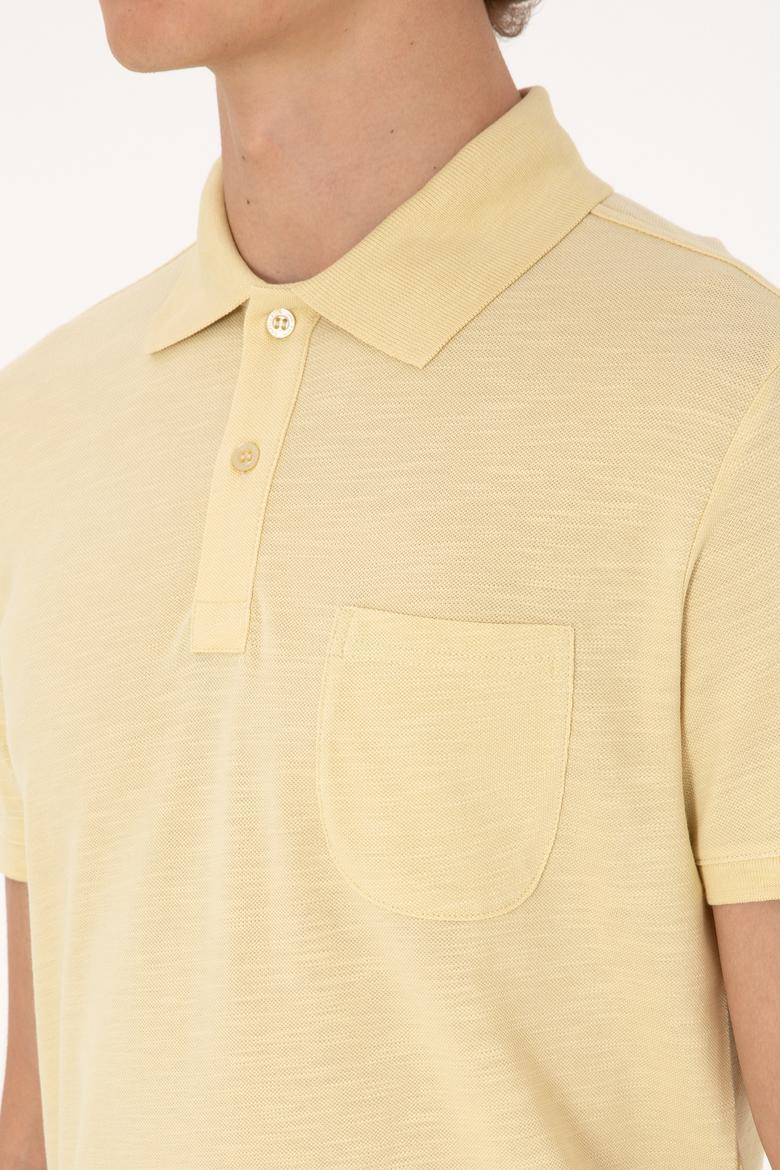 Erkek Slim Fit Dökümlü Polo Yaka Açık Sarı Tişört - 50299538087