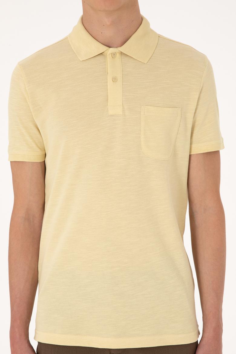 Erkek Slim Fit Dökümlü Polo Yaka Açık Sarı Tişört - 50299538087