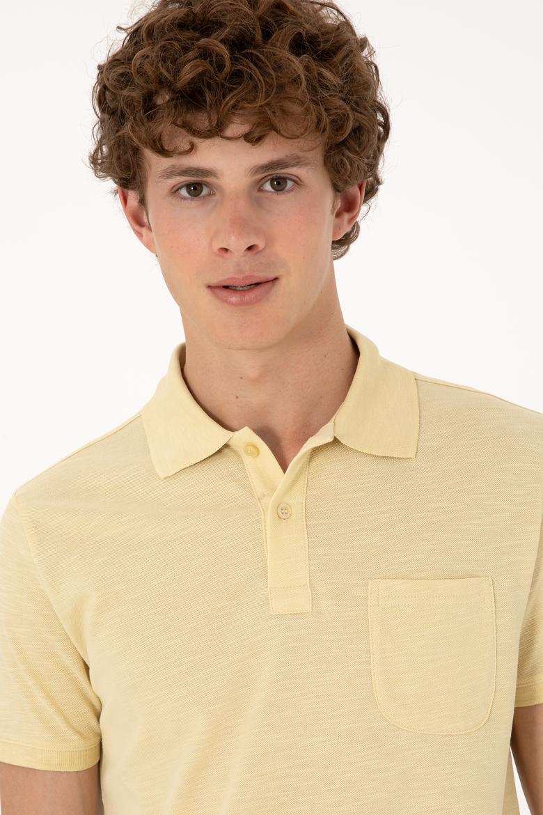 Erkek Slim Fit Dökümlü Polo Yaka Açık Sarı Tişört - 50299538087