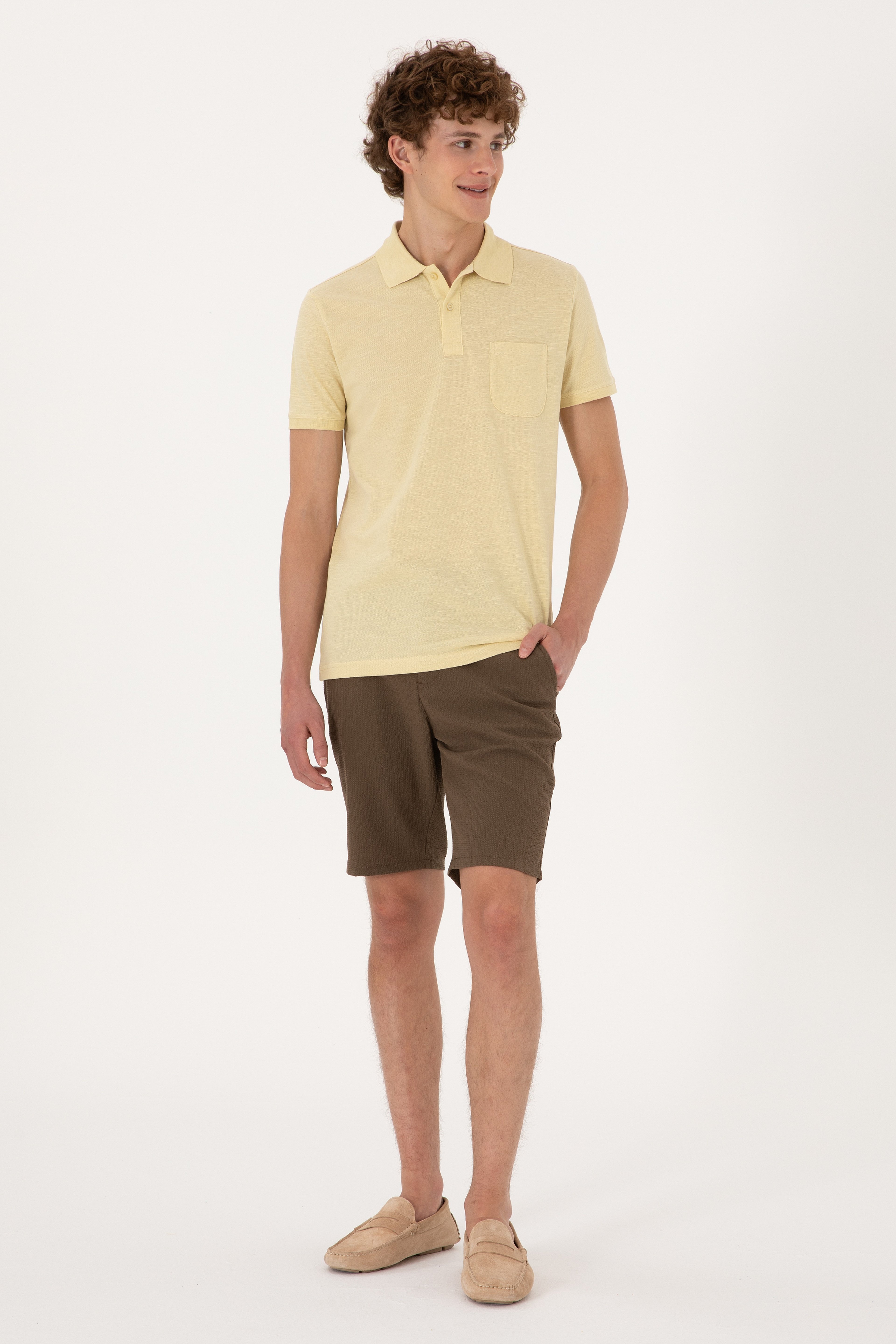 Erkek Slim Fit Dökümlü Polo Yaka Açık Sarı Tişört - Image 4