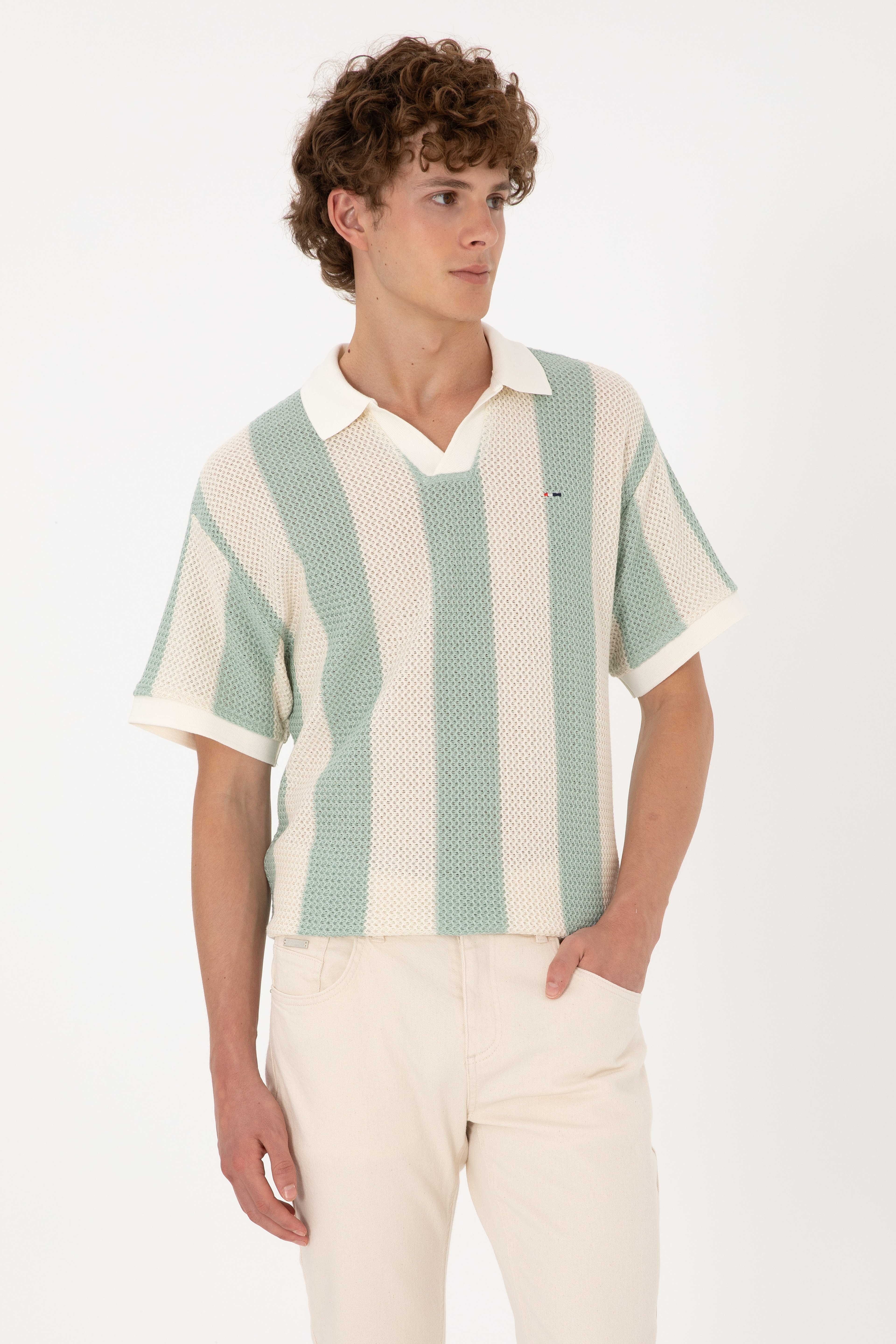 Erkek Comfort Fit Kaçık Yaka Camel Örgülü Tişört - Image 1