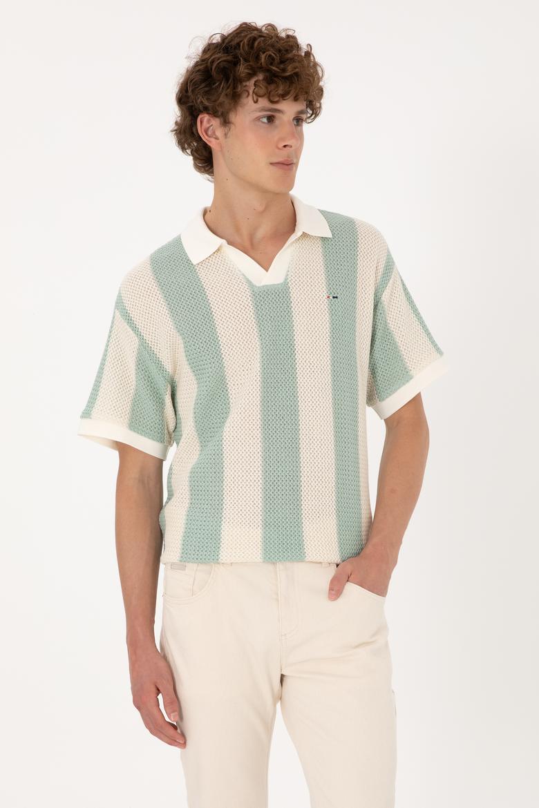 Erkek Comfort Fit Kaçık Yaka Camel Örgülü Tişört