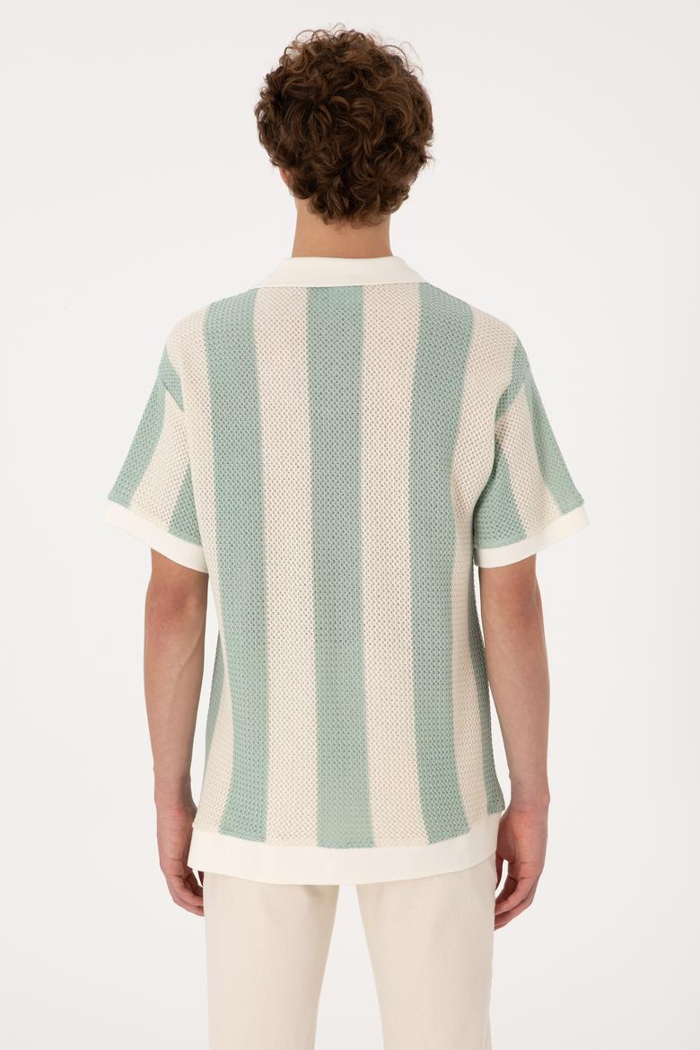 Erkek Comfort Fit Kaçık Yaka Camel Örgülü Tişört - 50300240029