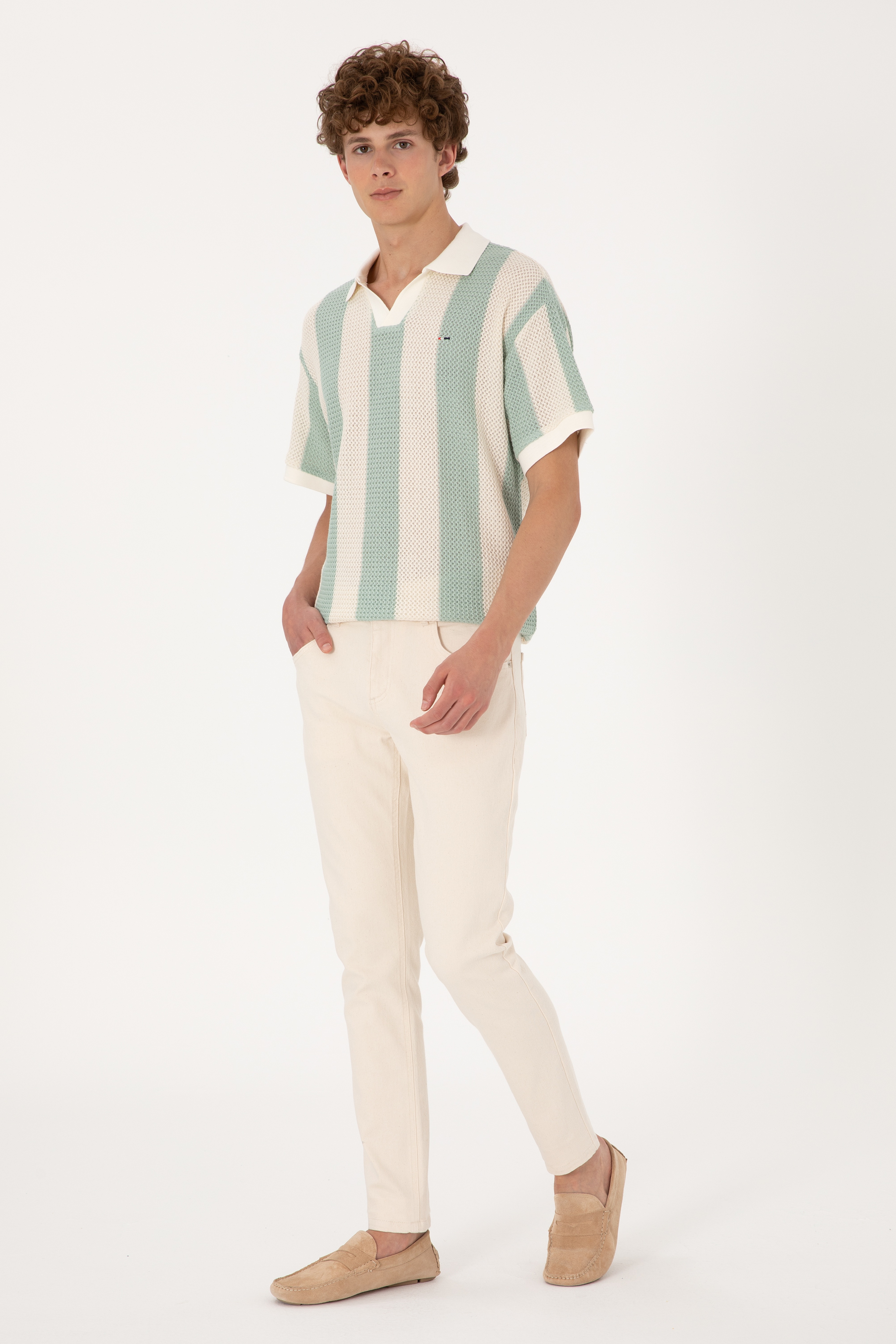 Erkek Comfort Fit Kaçık Yaka Camel Örgülü Tişört - Image 4