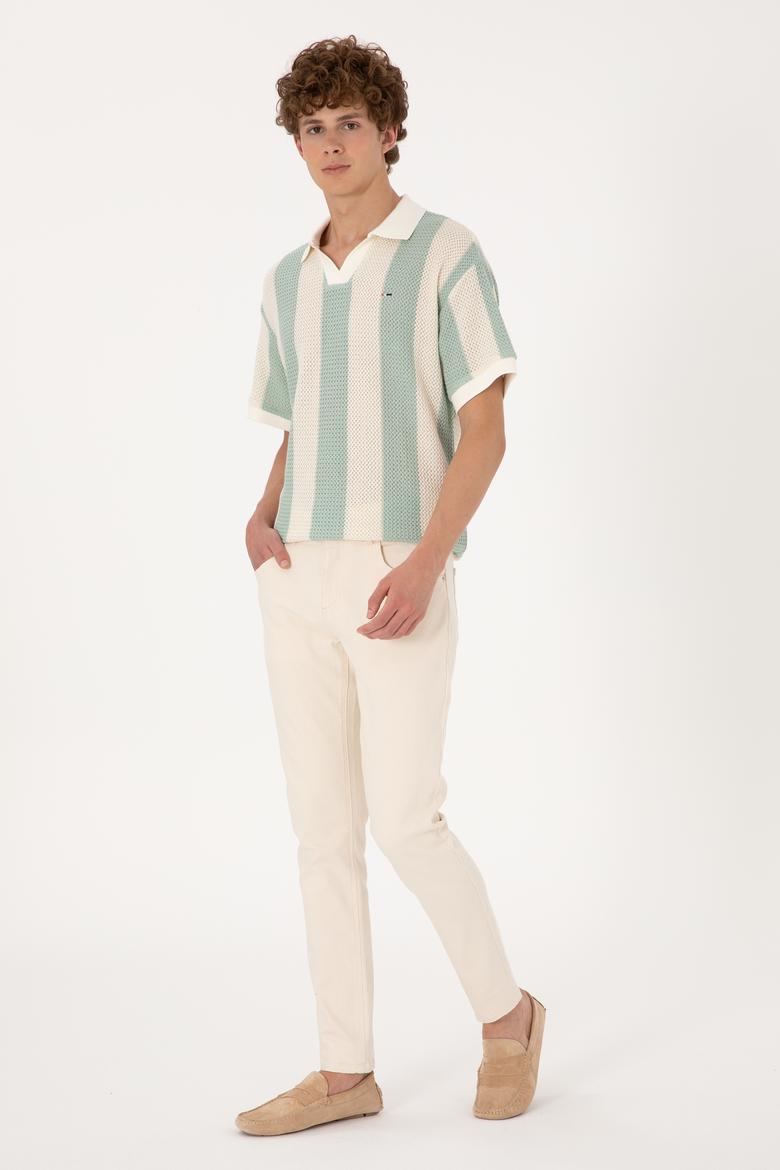 Erkek Comfort Fit Kaçık Yaka Camel Örgülü Tişört - 50300240029