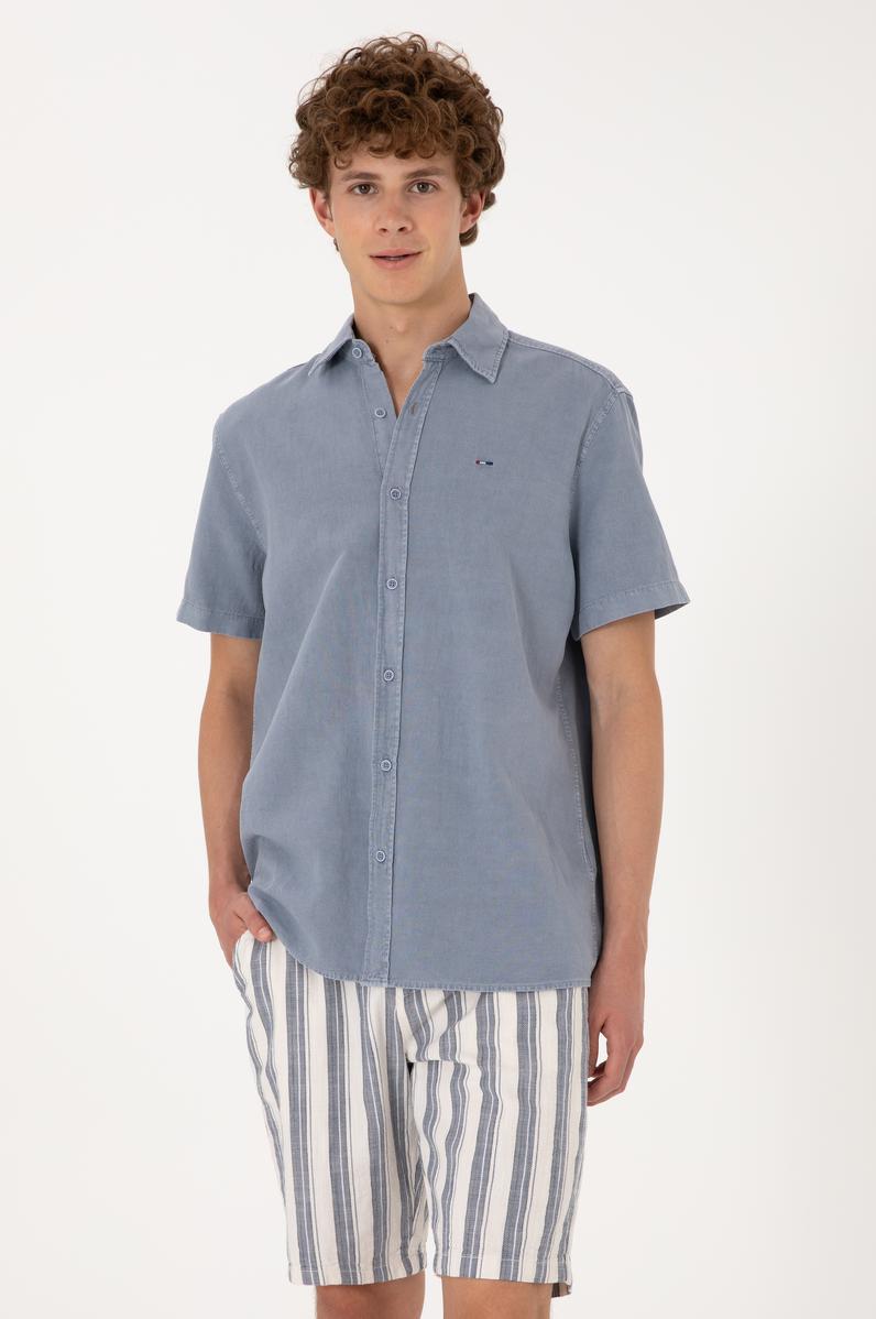 Erkek Mavi Kısa Kollu Gömlek