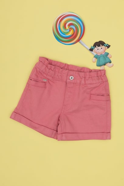 Kız Çocuk Pembe Relax Fit Belden Büzgü Detaylı Jean Şort