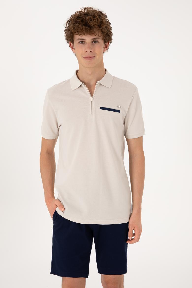 Erkek Regular Fit Fermuarlı Taş Tişört