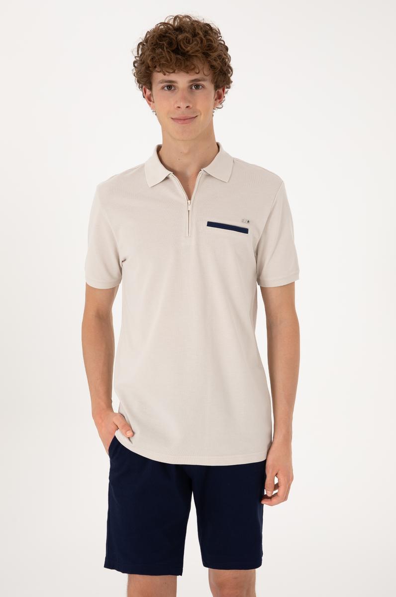 Erkek Regular Fit Fermuarlı Taş Tişört