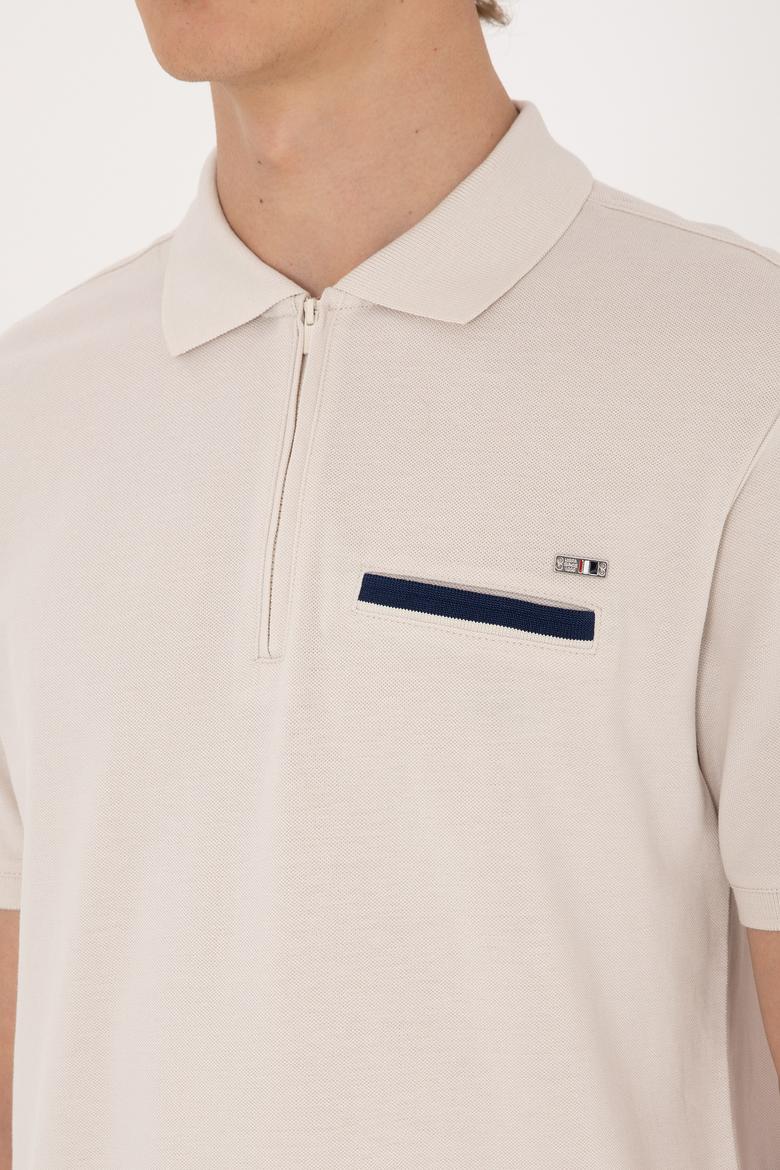 Erkek Regular Fit Fermuarlı Taş Tişört - 50306788019