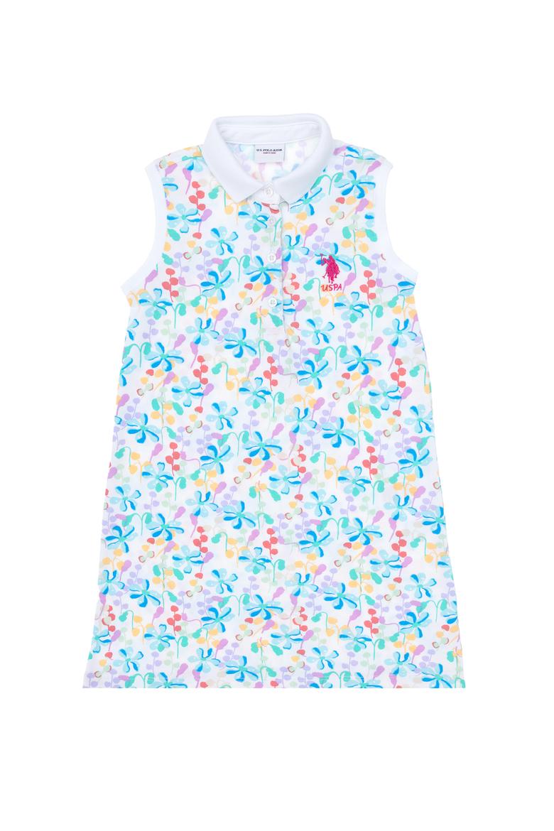 Kız Çocuk Beyaz Polo Yaka Kolsuz Çiçek Desenli Örme Elbise - 50305225002