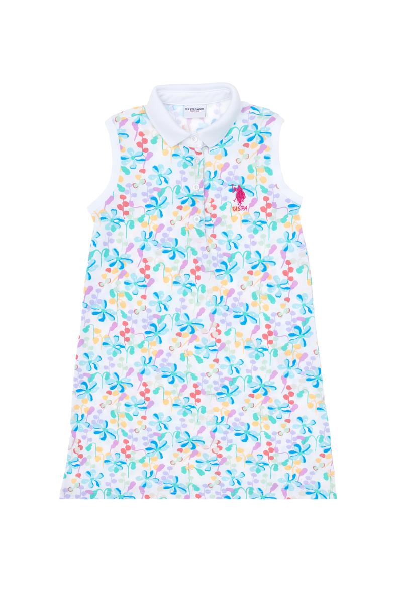 Kız Çocuk Beyaz Polo Yaka Kolsuz Çiçek Desenli Örme Elbise