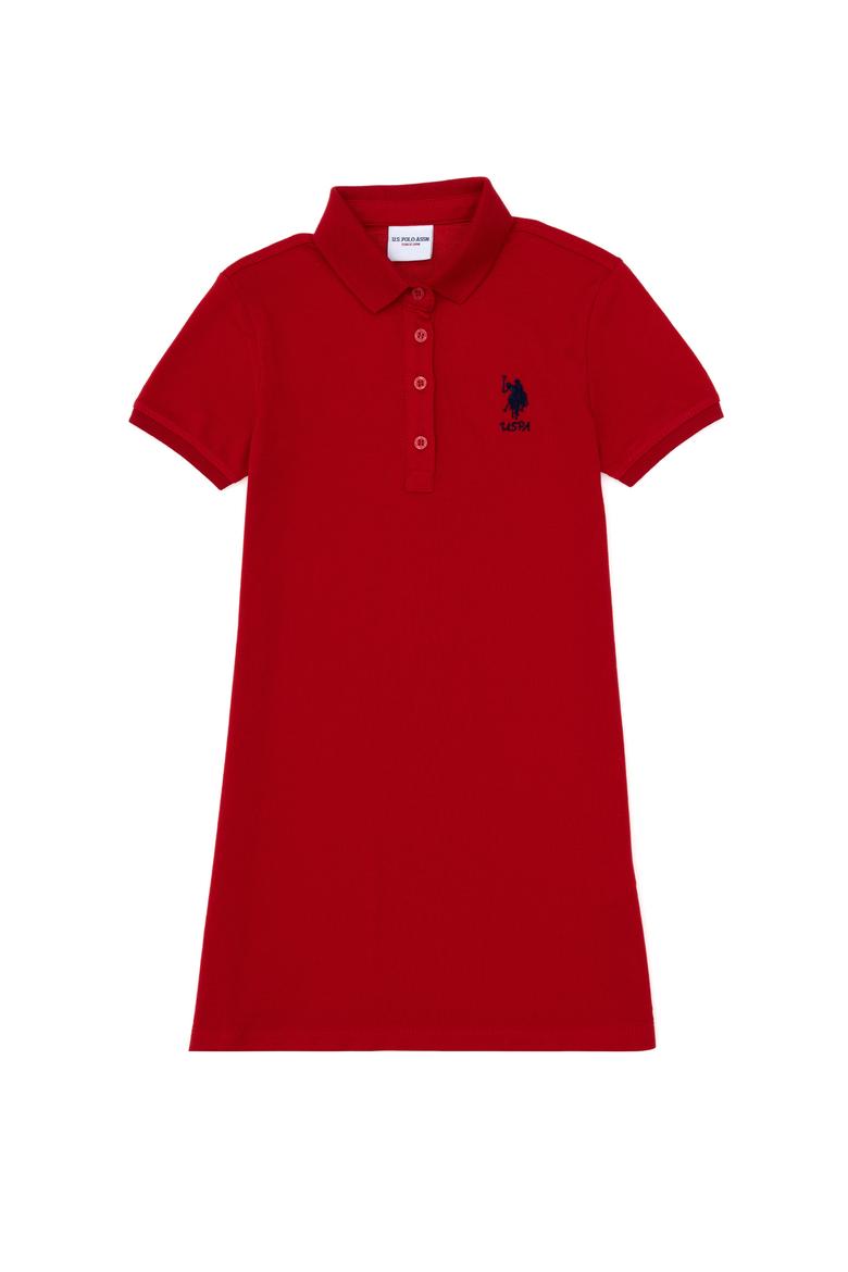 Kız Çocuk Kırmızı Polo Yaka Kısa Kol A-Form Basic Örme Elbise - 50299947035