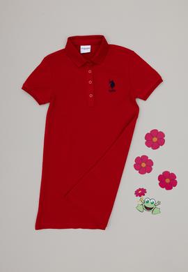 Kız Çocuk Kırmızı Polo Yaka Kısa Kol A-Form Basic Örme Elbise - 50299947035