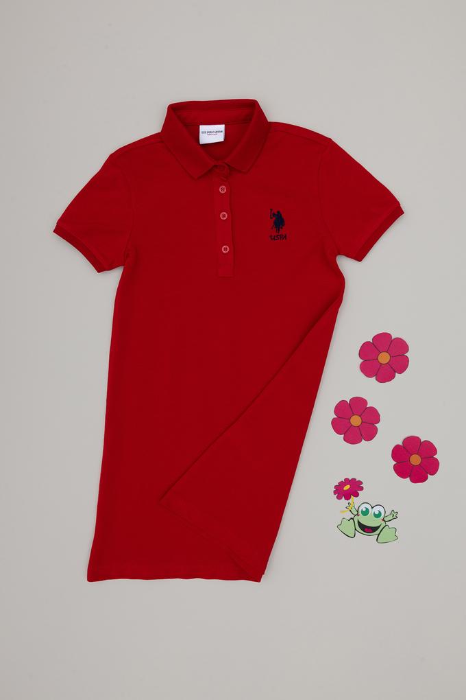 Kız Çocuk Kırmızı Polo Yaka Kısa Kol A-Form Basic Örme Elbise