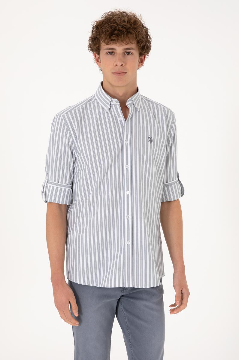 Erkek Gri Çizgili Beyaz Gömlek