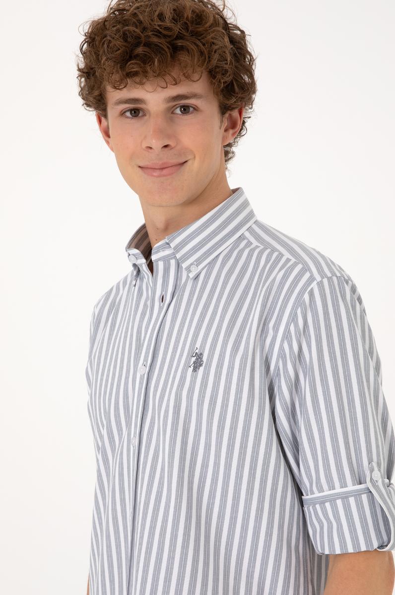 Erkek Gri Çizgili Beyaz Gömlek