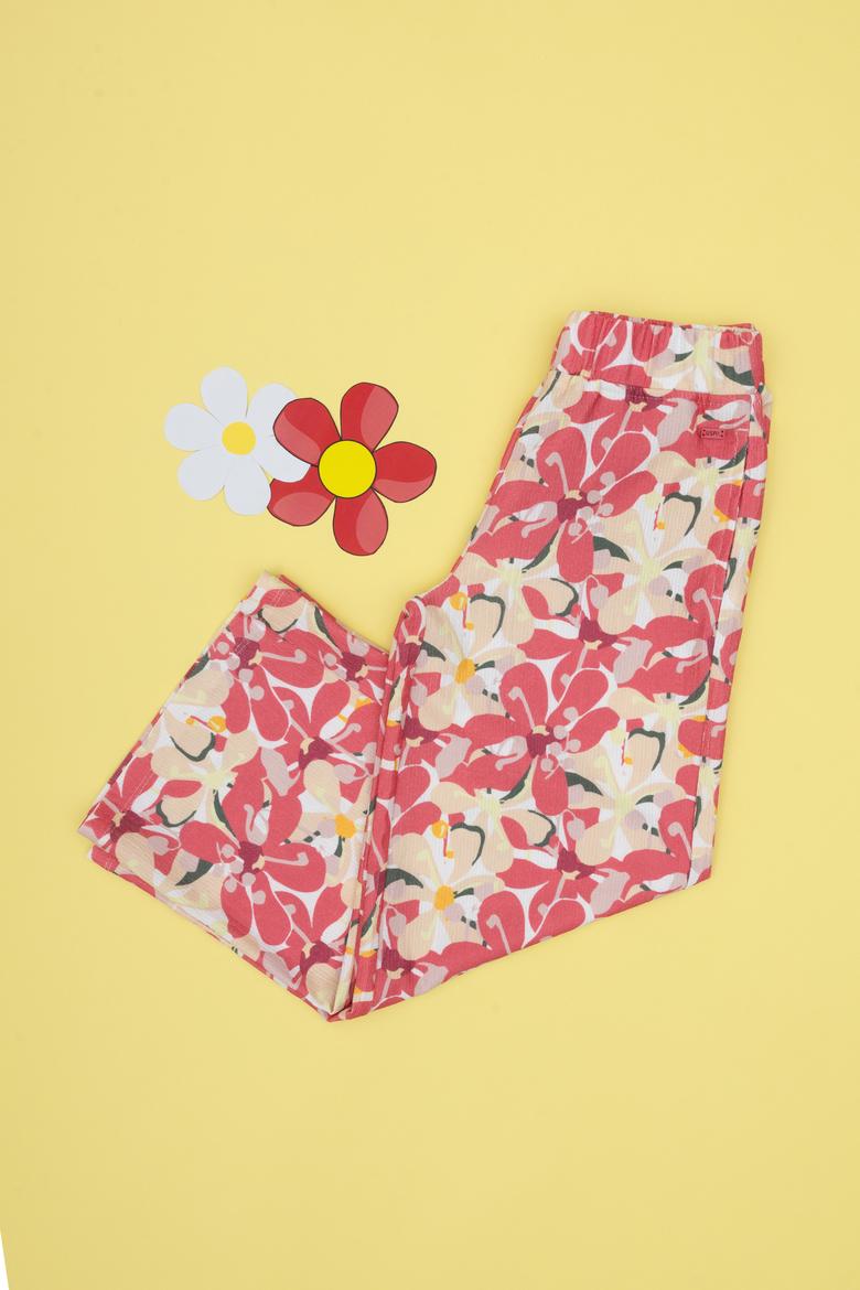 Kız Çocuk Turuncu Çiçek Desenli Örme Eşofman Altı - 50301021015