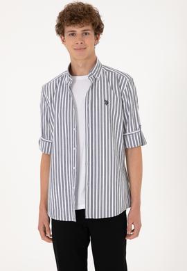 Erkek Lacivert Çizgili Beyaz Gömlek - 50306327009