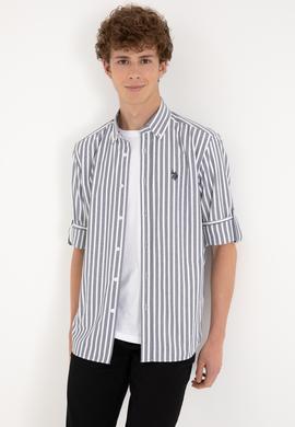 Erkek Lacivert Çizgili Beyaz Gömlek - 50306327009