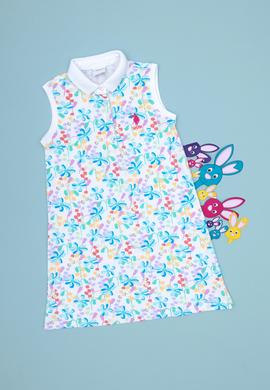 Kız Çocuk Beyaz Polo Yaka Kolsuz Çiçek Desenli Örme Elbise - 50305225002