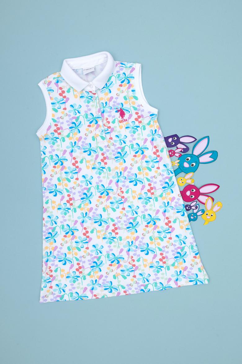 Kız Çocuk Beyaz Polo Yaka Kolsuz Çiçek Desenli Örme Elbise