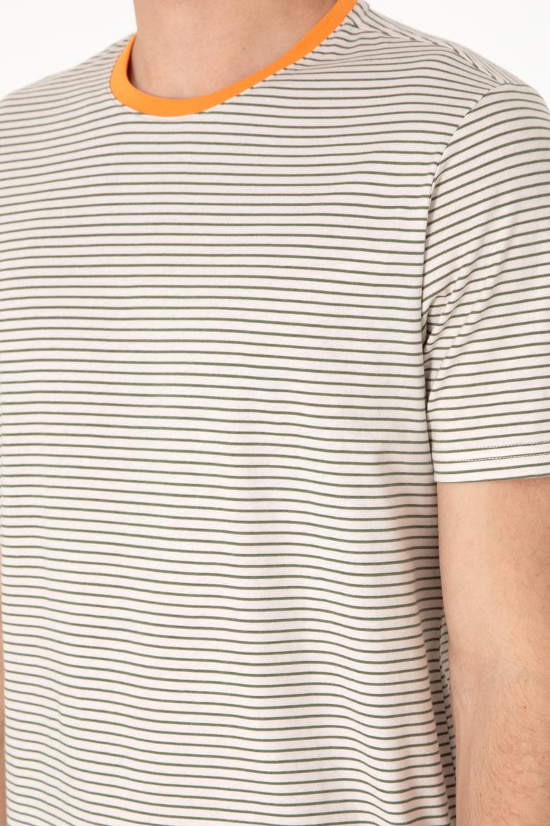 Erkek Regular Fit Bisiklet Yaka Haki Çizgili Tişört - 50306898016