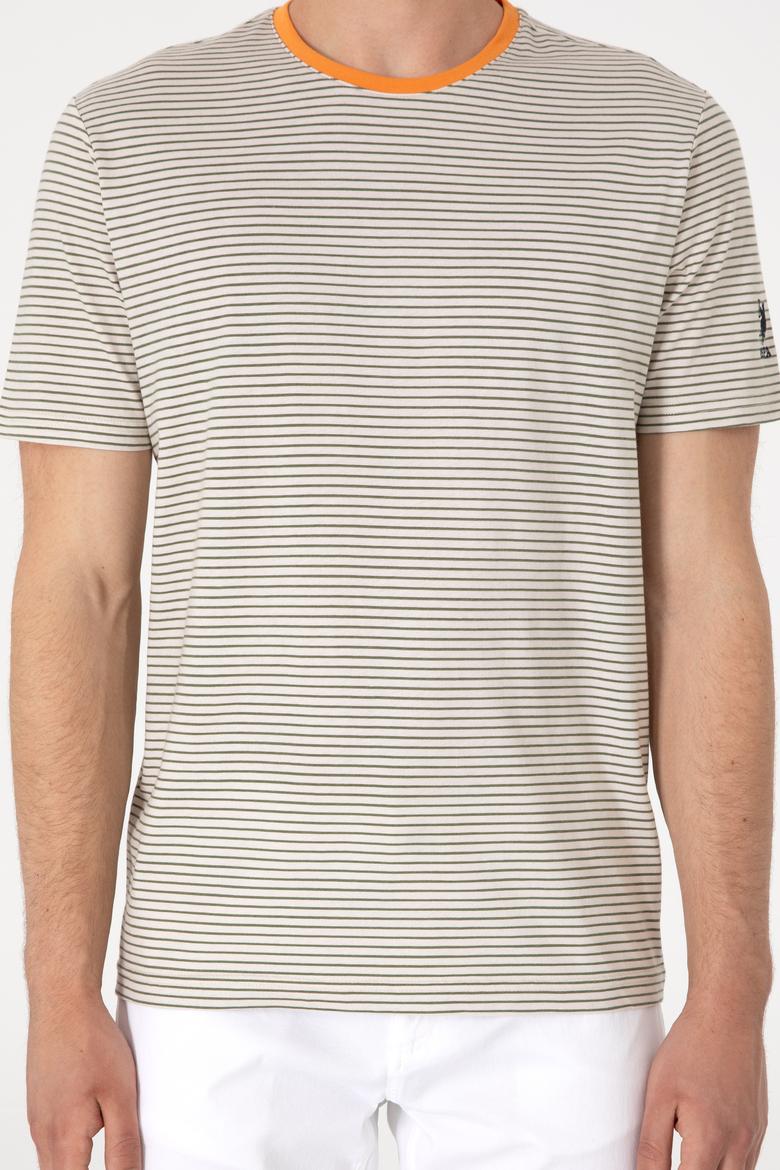 Erkek Regular Fit Bisiklet Yaka Haki Çizgili Tişört - 50306898016