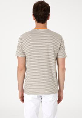 Erkek Regular Fit Bisiklet Yaka Haki Çizgili Tişört - 50306898016