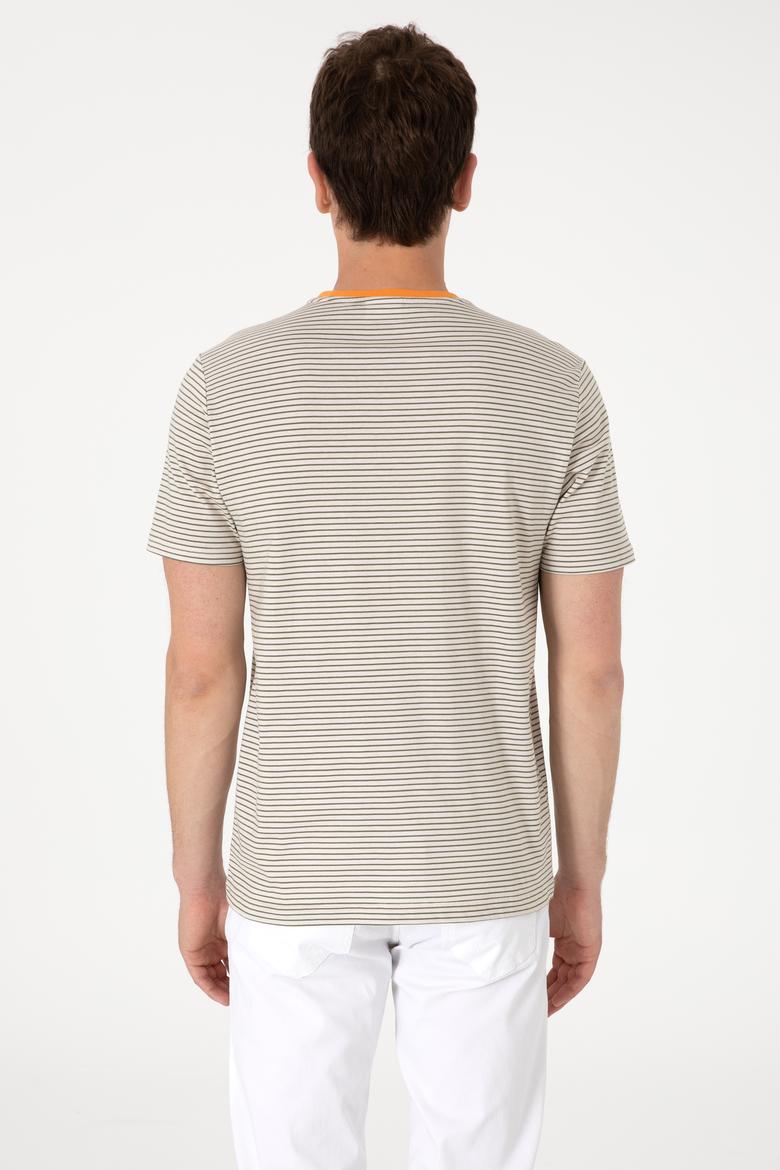 Erkek Regular Fit Bisiklet Yaka Haki Çizgili Tişört - 50306898016