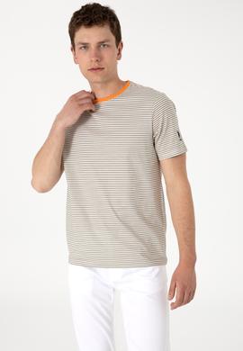 Erkek Regular Fit Bisiklet Yaka Haki Çizgili Tişört - 50306898016