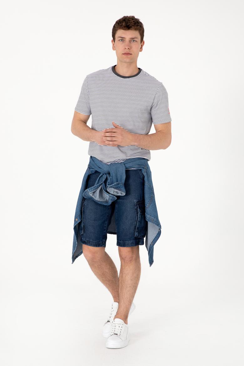 Erkek Regular Fit Bisiklet Yaka Siyah Çizgili Tişört - 50306898006