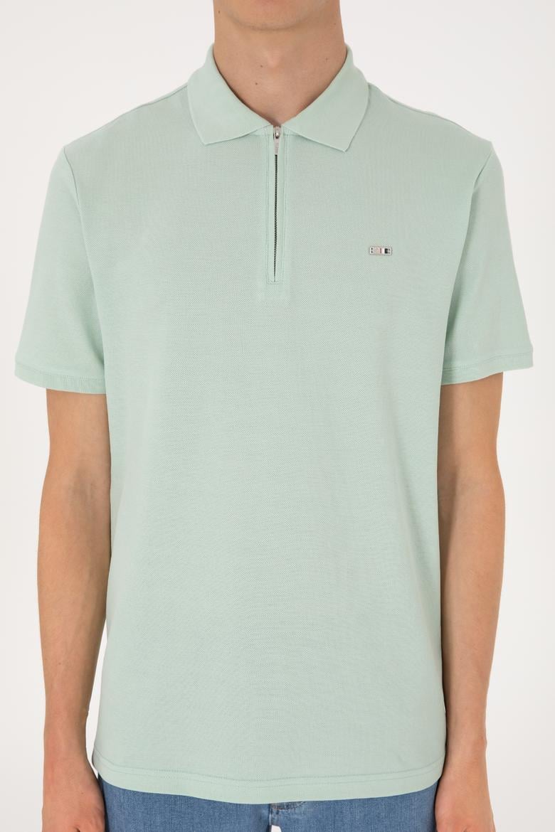 Erkek Regular Fit Fermuarlı Su Yeşili Tişört - 50306836011