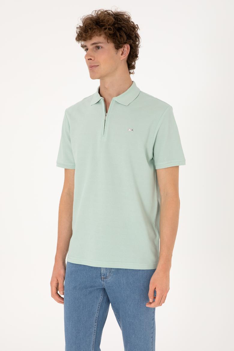 Erkek Regular Fit Fermuarlı Su Yeşili Tişört