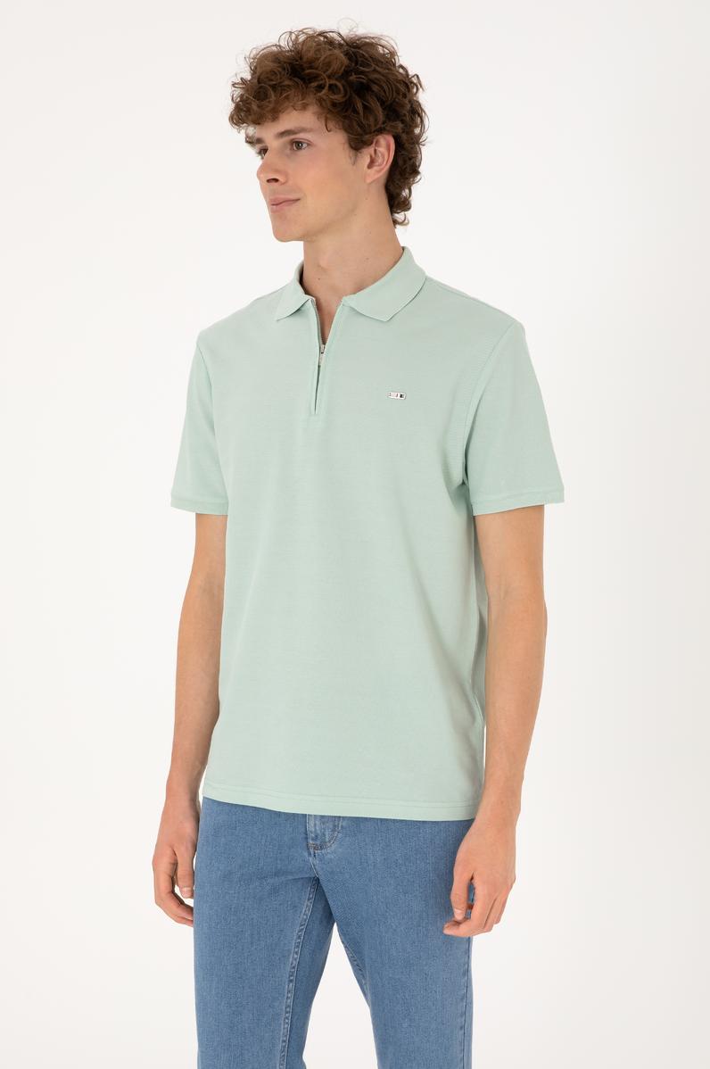 Erkek Regular Fit Fermuarlı Su Yeşili Tişört