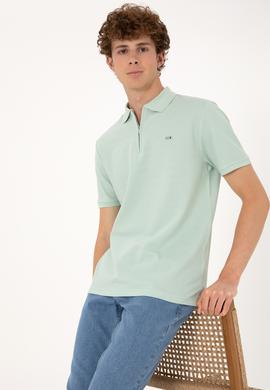 Erkek Regular Fit Fermuarlı Su Yeşili Tişört - 50306836011
