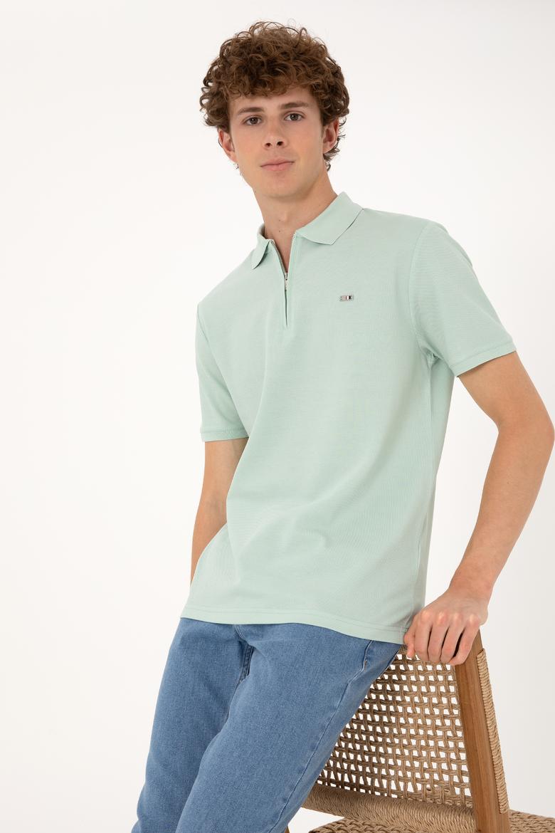 Erkek Regular Fit Fermuarlı Su Yeşili Tişört - 50306836011