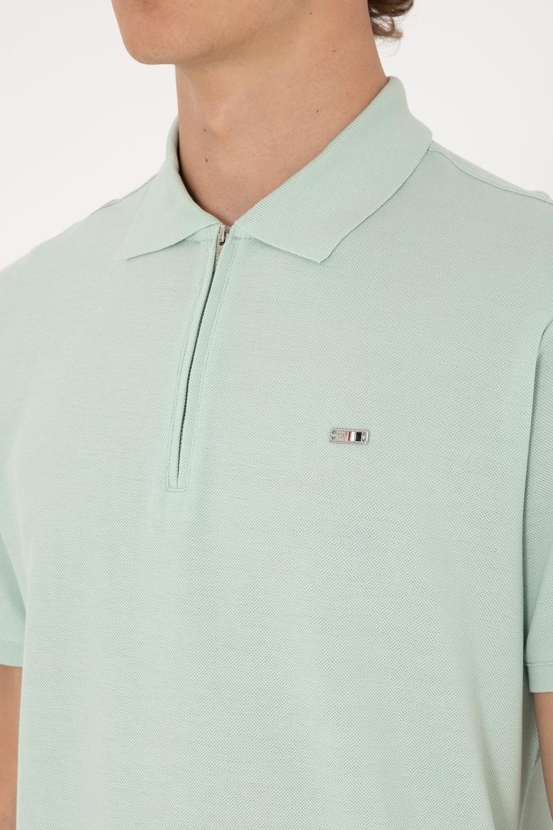 Erkek Regular Fit Fermuarlı Su Yeşili Tişört - 50306836011