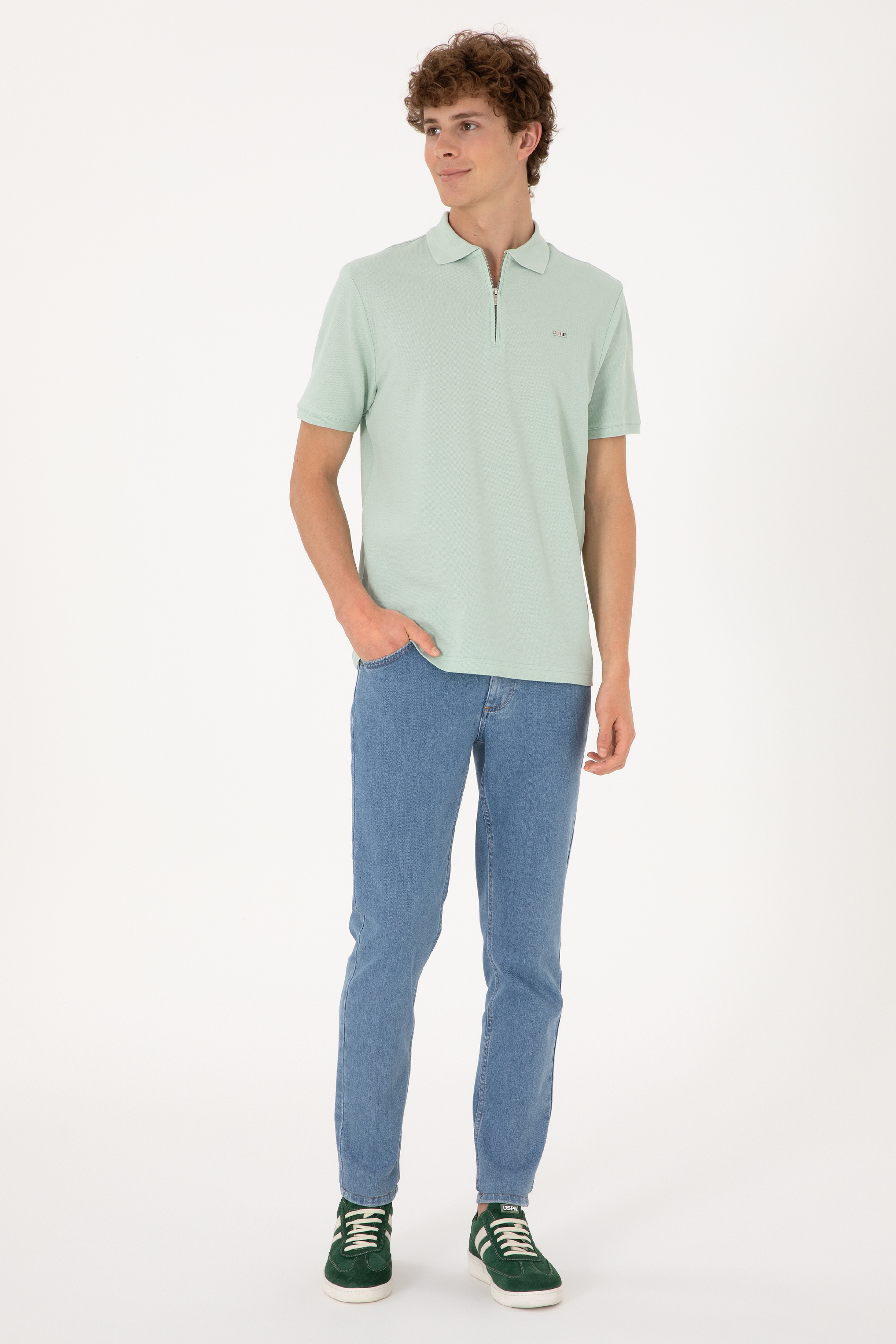 Erkek Regular Fit Fermuarlı Su Yeşili Tişört - Image 4
