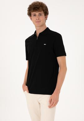 Erkek Regular Fit Fermuarlı Siyah Tişört - 50306836047