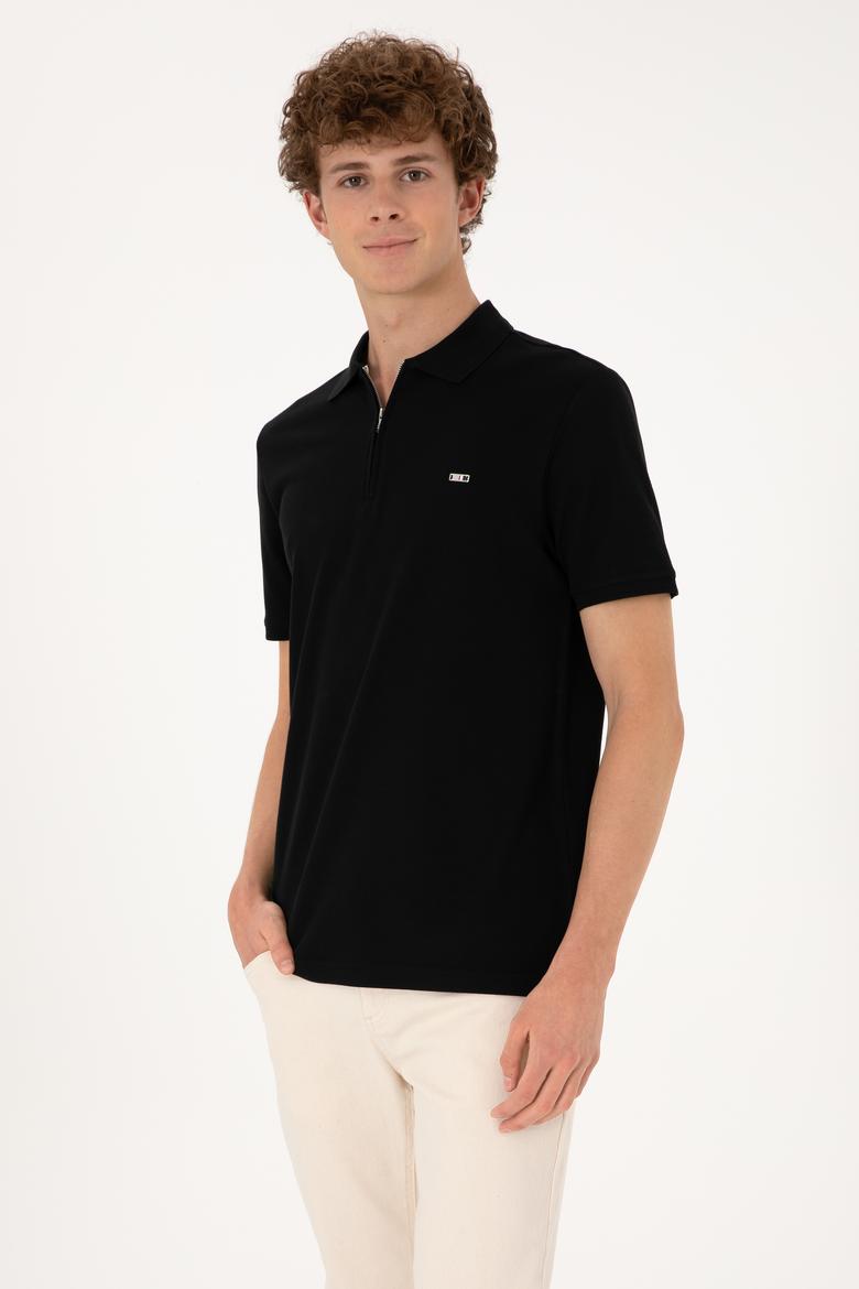 Erkek Regular Fit Fermuarlı Siyah Tişört - 50306836047